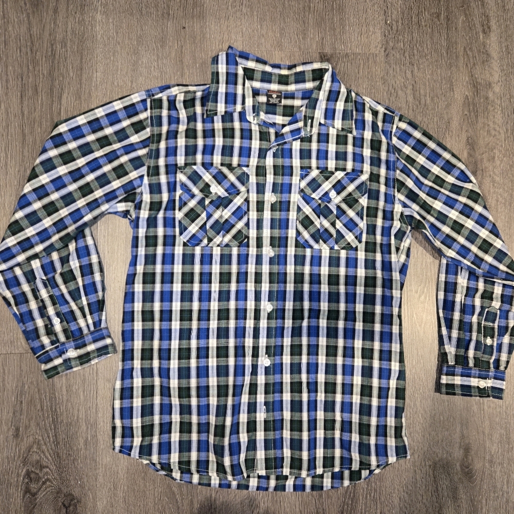 Timber Long Sleeve Button Up Shirt, Boys Blue & Green Plaid Button-Down Shirt